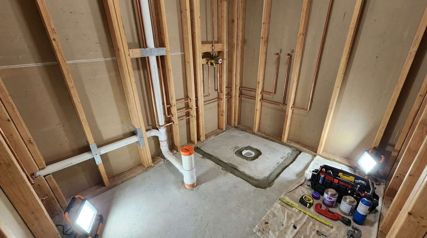 Bathroom rough-in plumbing during remodel by Johns Plumbing LLC in Orfordville