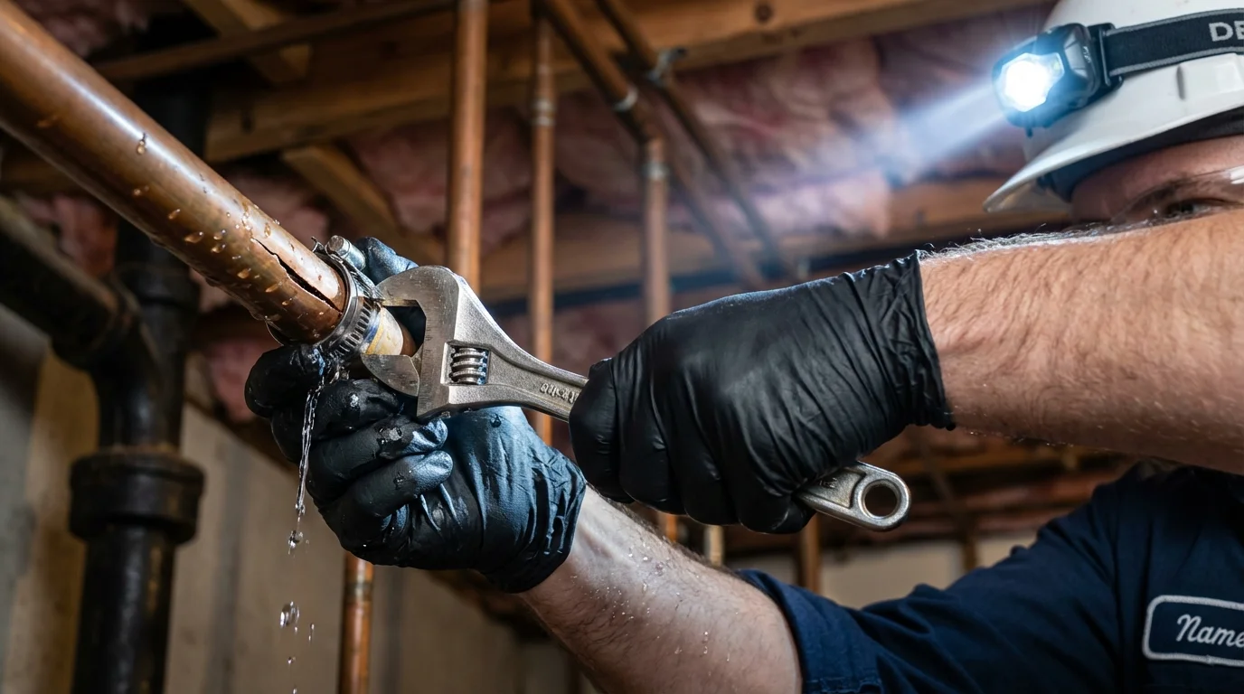 Emergency pipe clamp repair being performed by a Johns Plumbing LLC plumber in Orfordville