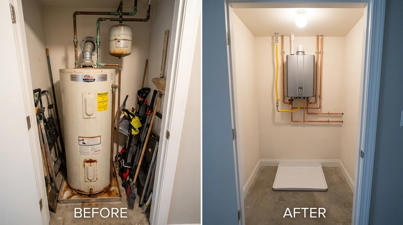 Tank water heater versus wall-mounted tankless unit comparison for Orfordville, WI homeowners
