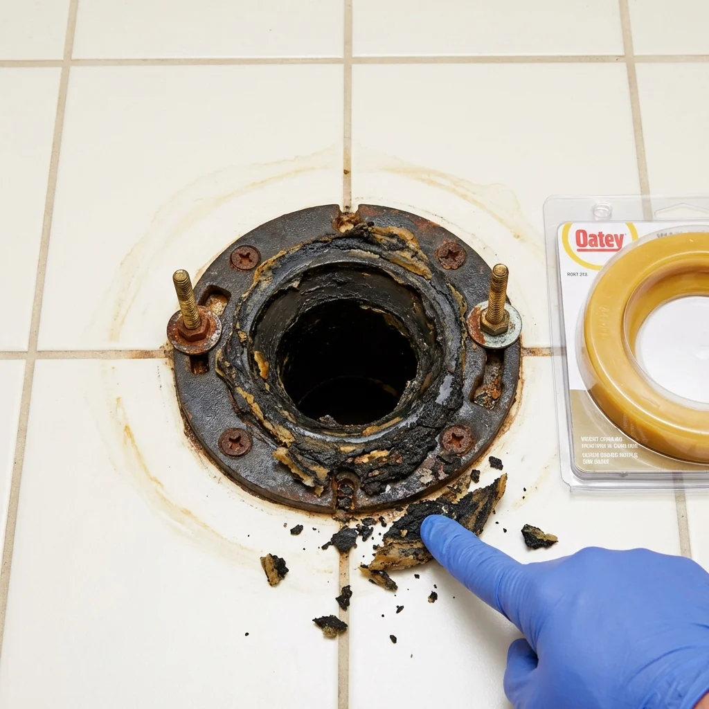 Failed wax ring showing water seepage at the base of a toilet in a Orfordville, WI home