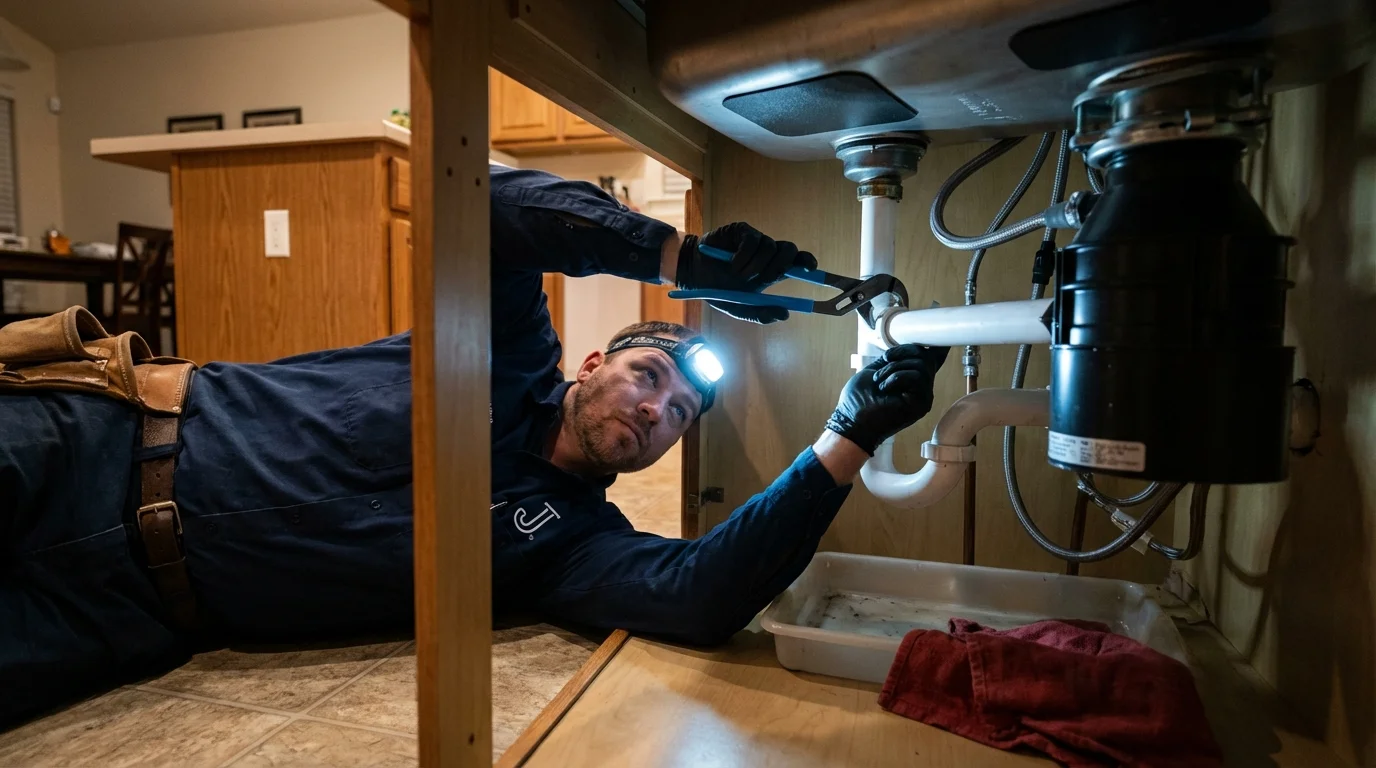 P-trap and supply line connections under a kitchen sink showing a common leak point in Orfordville, WI